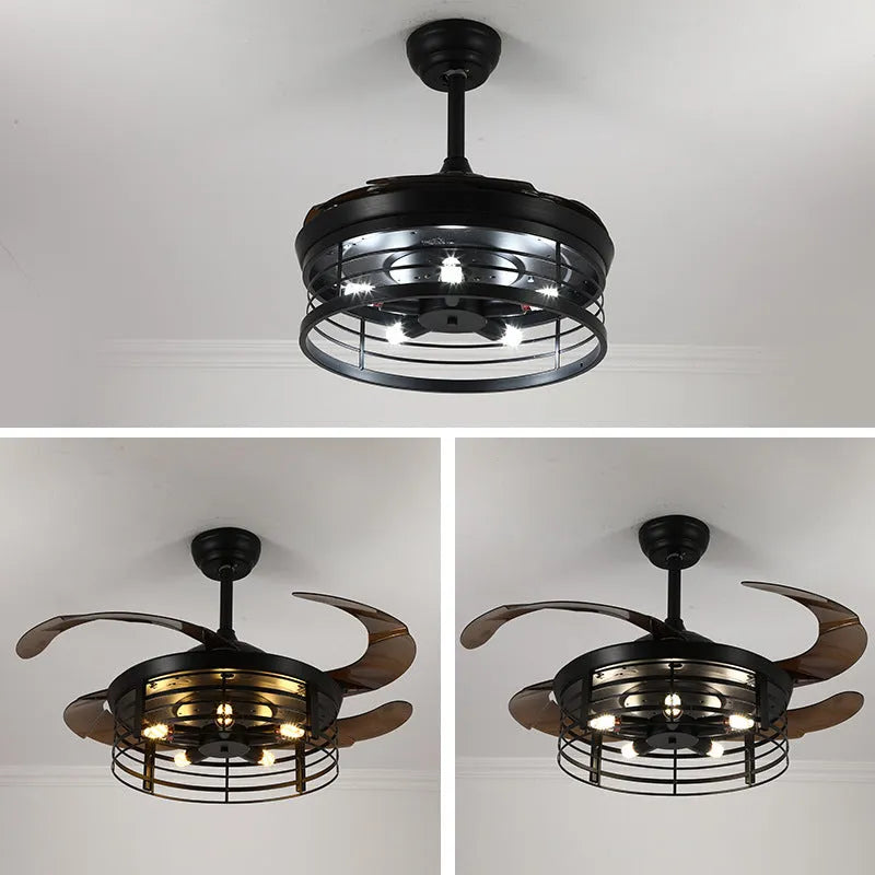Industrial American retro style ceiling fan with integrated light and invisible acrylic blades.