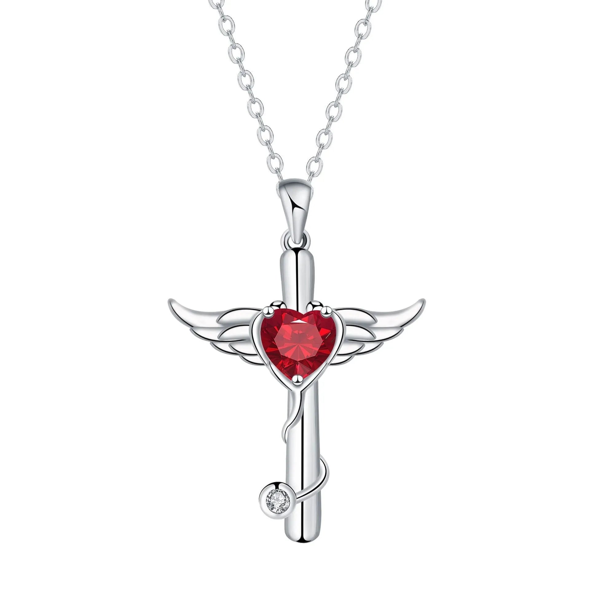 Copper cross stethoscope necklace with wings design in white diamond or red diamond colour