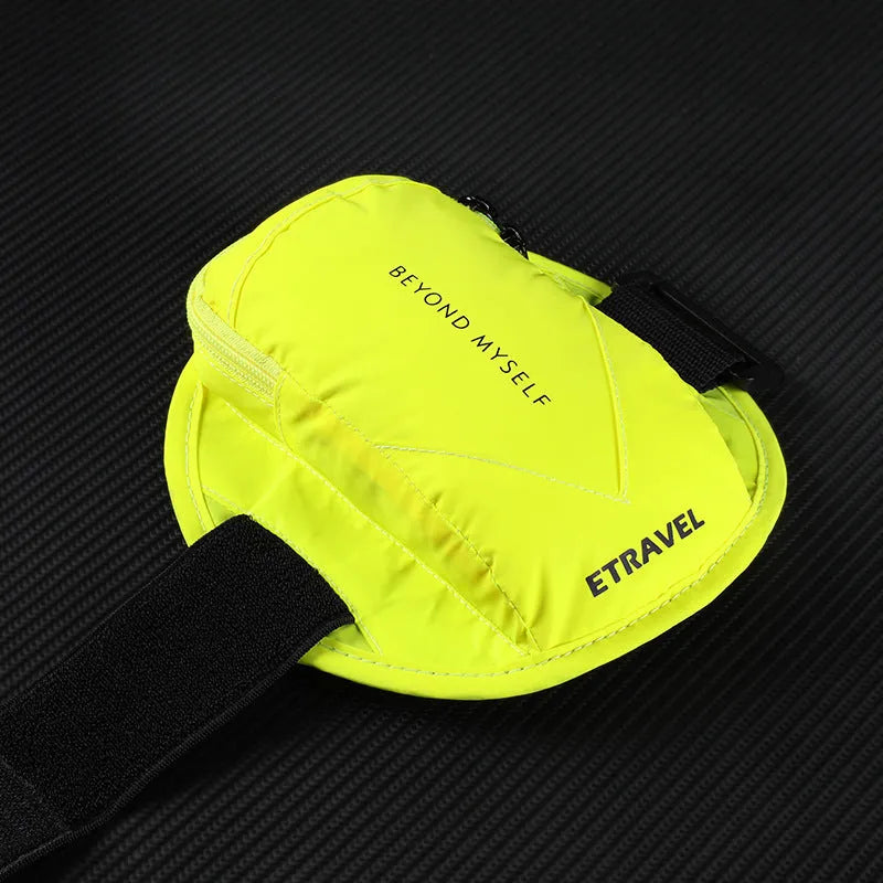 Reflective sports arm bag with strap, shown in fluorescent yellow, black, and silver grey colours.