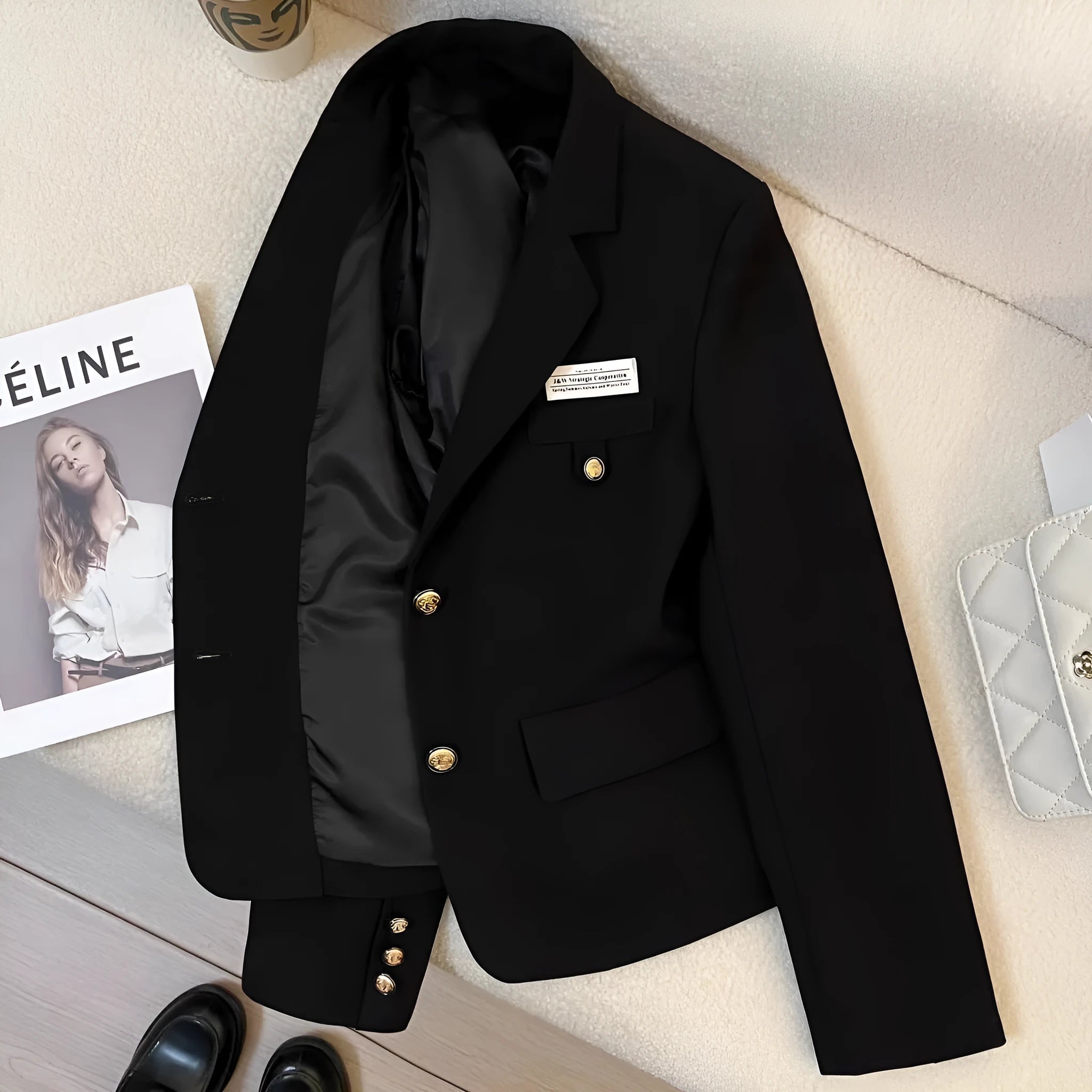 Black women's loose short suit coat with pockets and regular long sleeves