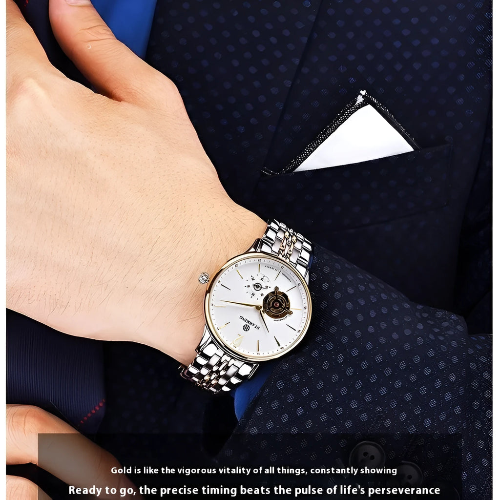 Automatic mechanical men's watch with circular dial, stainless steel case and genuine leather strap