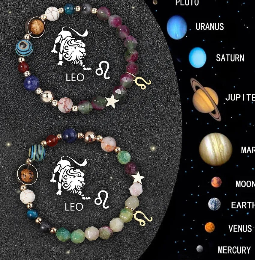 Twelve zodiac sign bracelets with natural stone beads arranged in a circle showing different designs