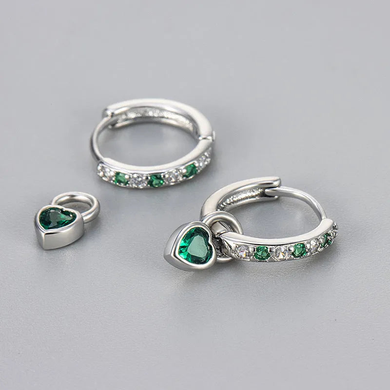 Women's heart drop earrings with coloured gemstone in gold or white gold colour metal
