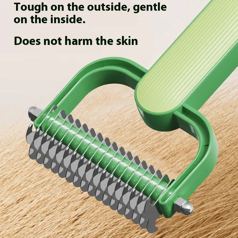 Dog grooming comb with stainless steel teeth and plastic handle in green or grey colour