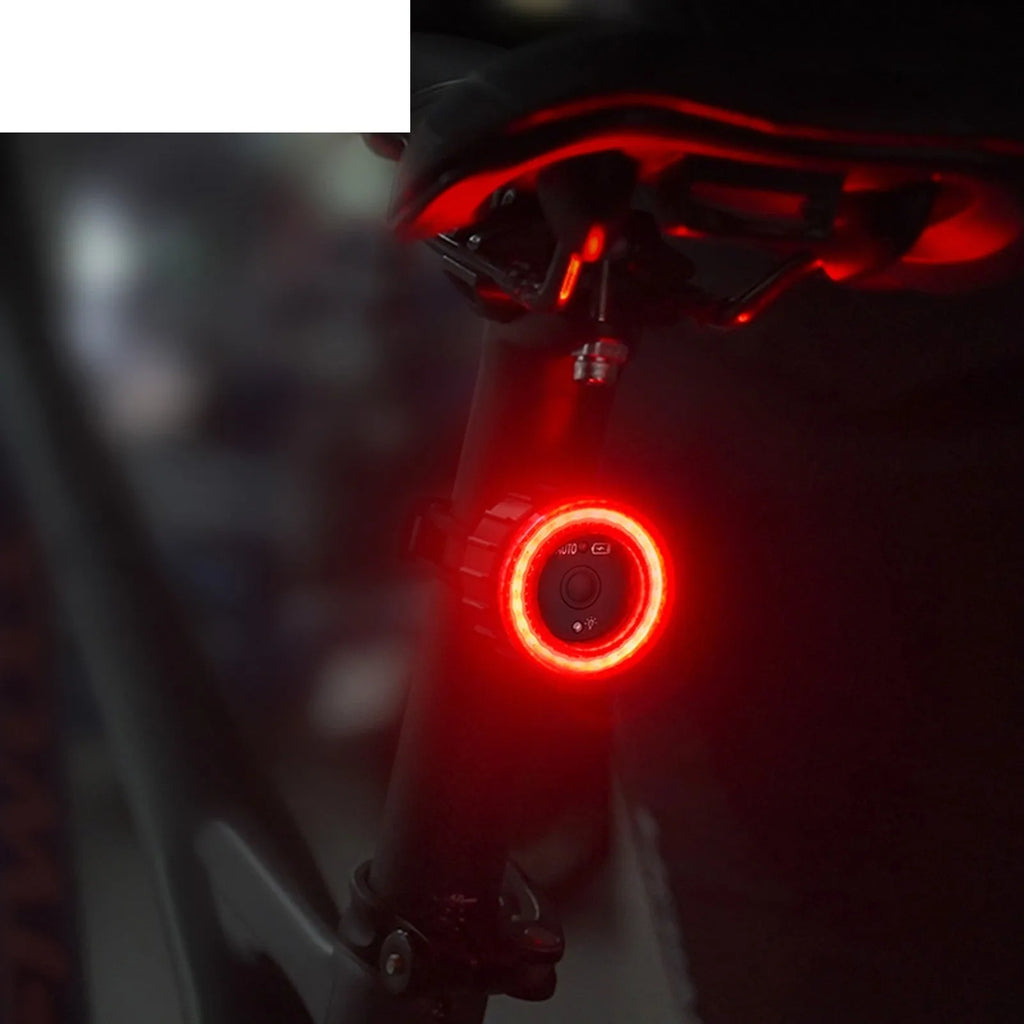 Black intelligent induction brake taillight with aluminium alloy housing and plastic seat tube bracket