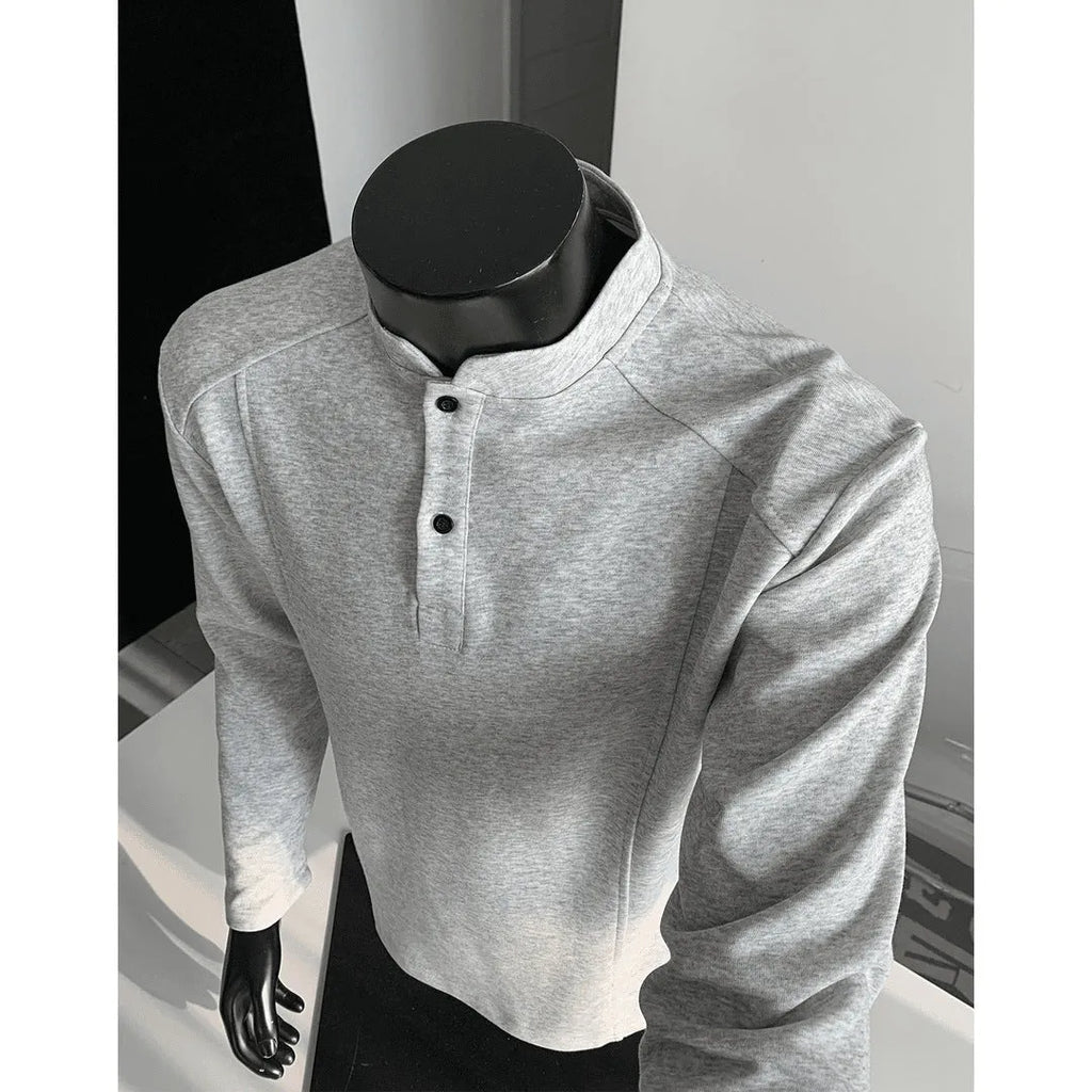 Men's gray patchwork stand-up collar long sleeve cotton sweater shirt on hanger