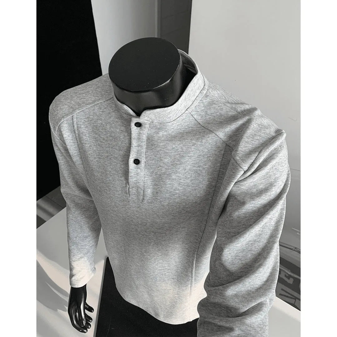 Men's gray patchwork stand-up collar long sleeve cotton sweater shirt on hanger