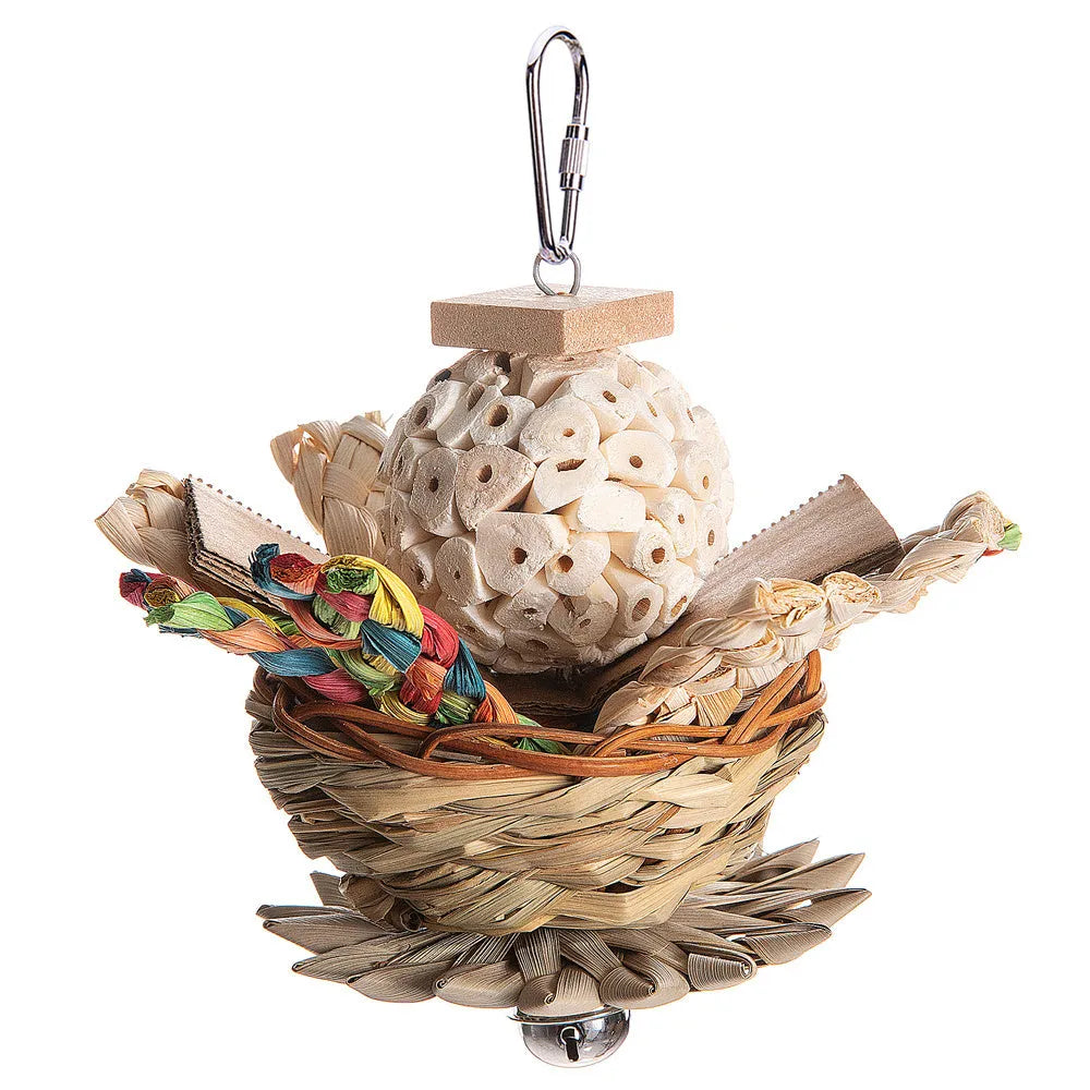 Three natural wood and rope parrot gnawing toys hanging as a bundle for large bird cage enrichment.