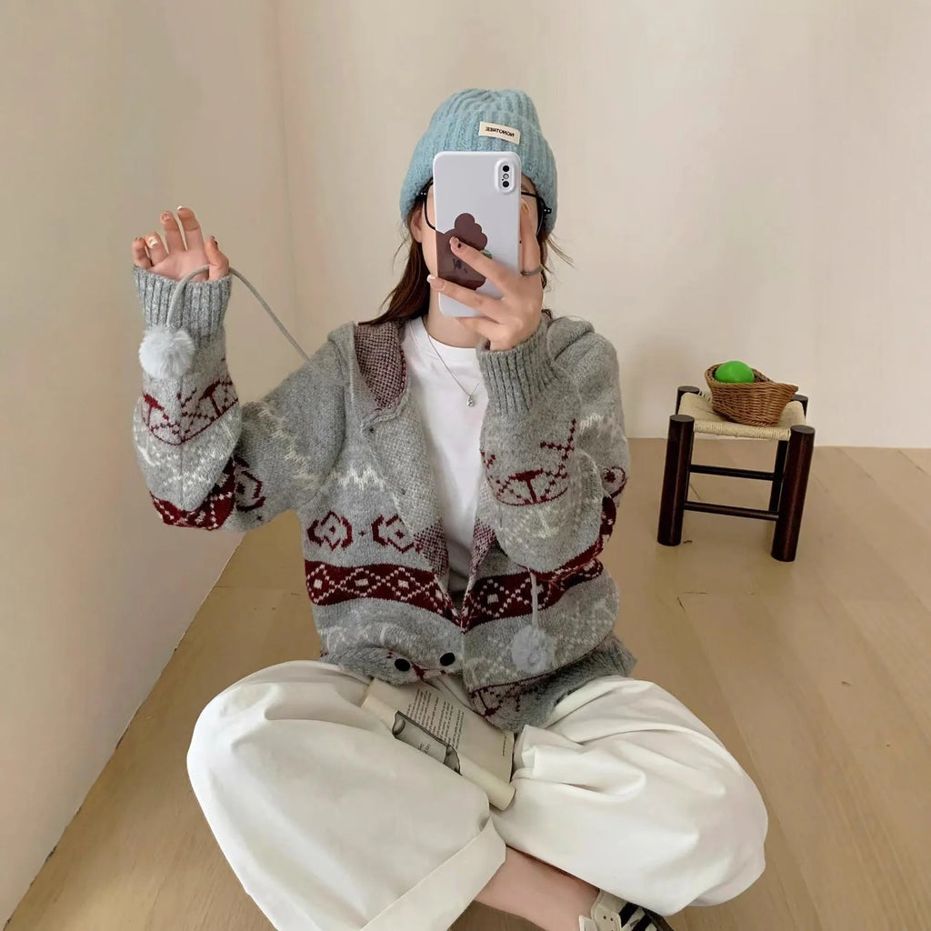 Women's loose fit geometric pattern brocade sweater coat in beige, free size.
