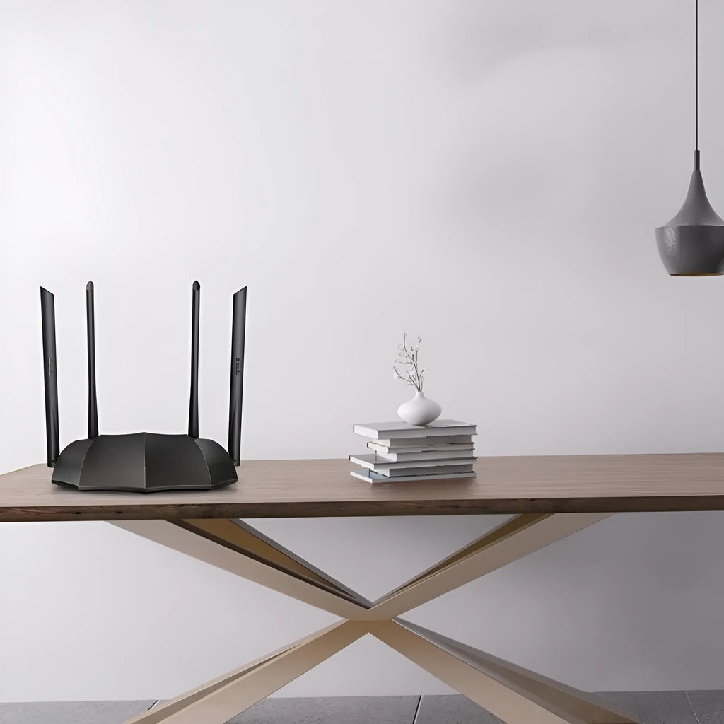 Dual-band wireless router with gigabit ports and 5G support, compact 365mm design