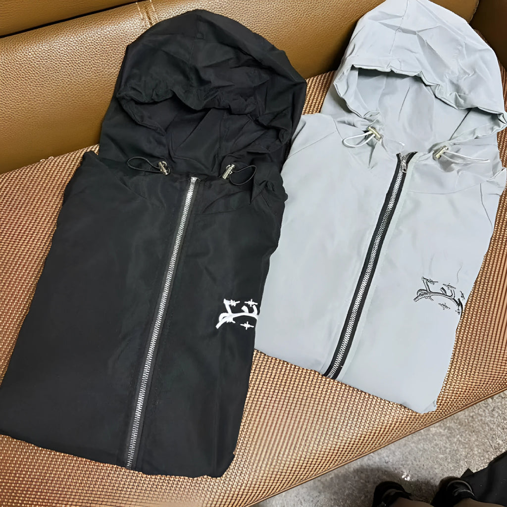 British style men's loose fit hooded sun protection jacket in grey or black polyester fabric