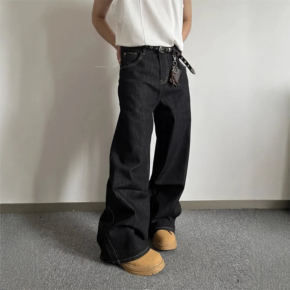 Black retro loose wide-leg jeans with straight-leg design and zip placket