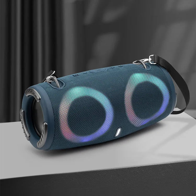 War Drum portable Bluetooth speaker with RGB coloured lights in black, blue, red, silver grey, or camouflage.