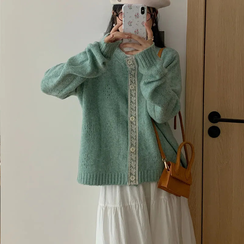 Artistic retro loose-fit Korean sweater coat in viscose fibre, shown in apricot colour.