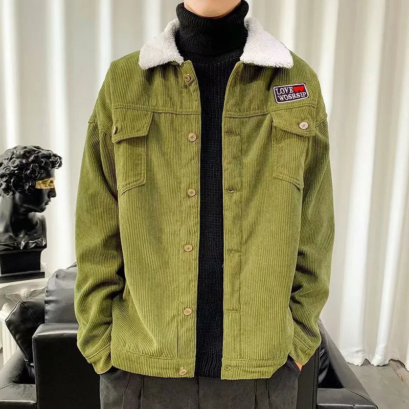 Men's corduroy workwear jacket in loose-fit design with size stick pockets, shown in khaki colour option
