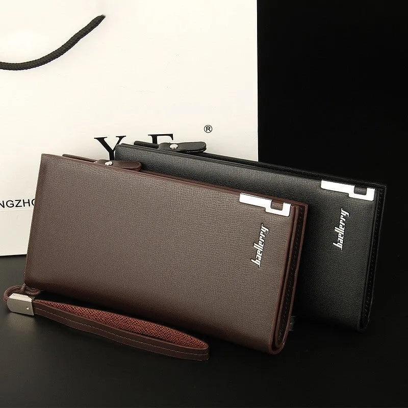 Men's black PU leather zip wallet with waterproof and wear-resistant properties