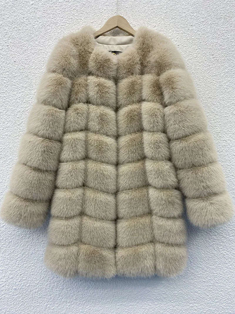 Women's thick artificial fur coat in multiple colours with 80cm length and regular sleeves