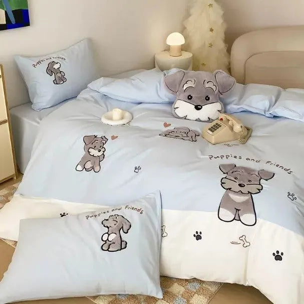 Cartoon Schnauzer cotton bedding set with embroidery details on quilt cover and pillowcases