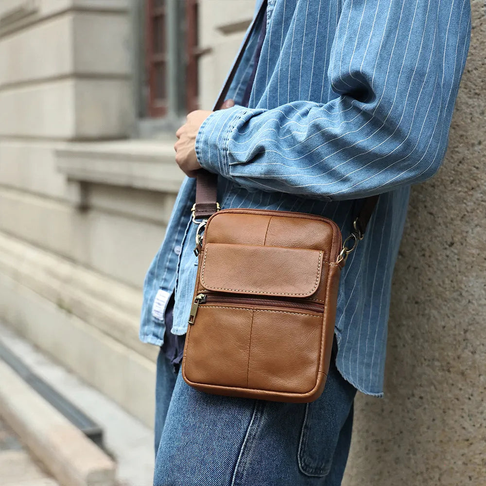 Men's brown genuine leather crossbody shoulder bag with sewing line detailing