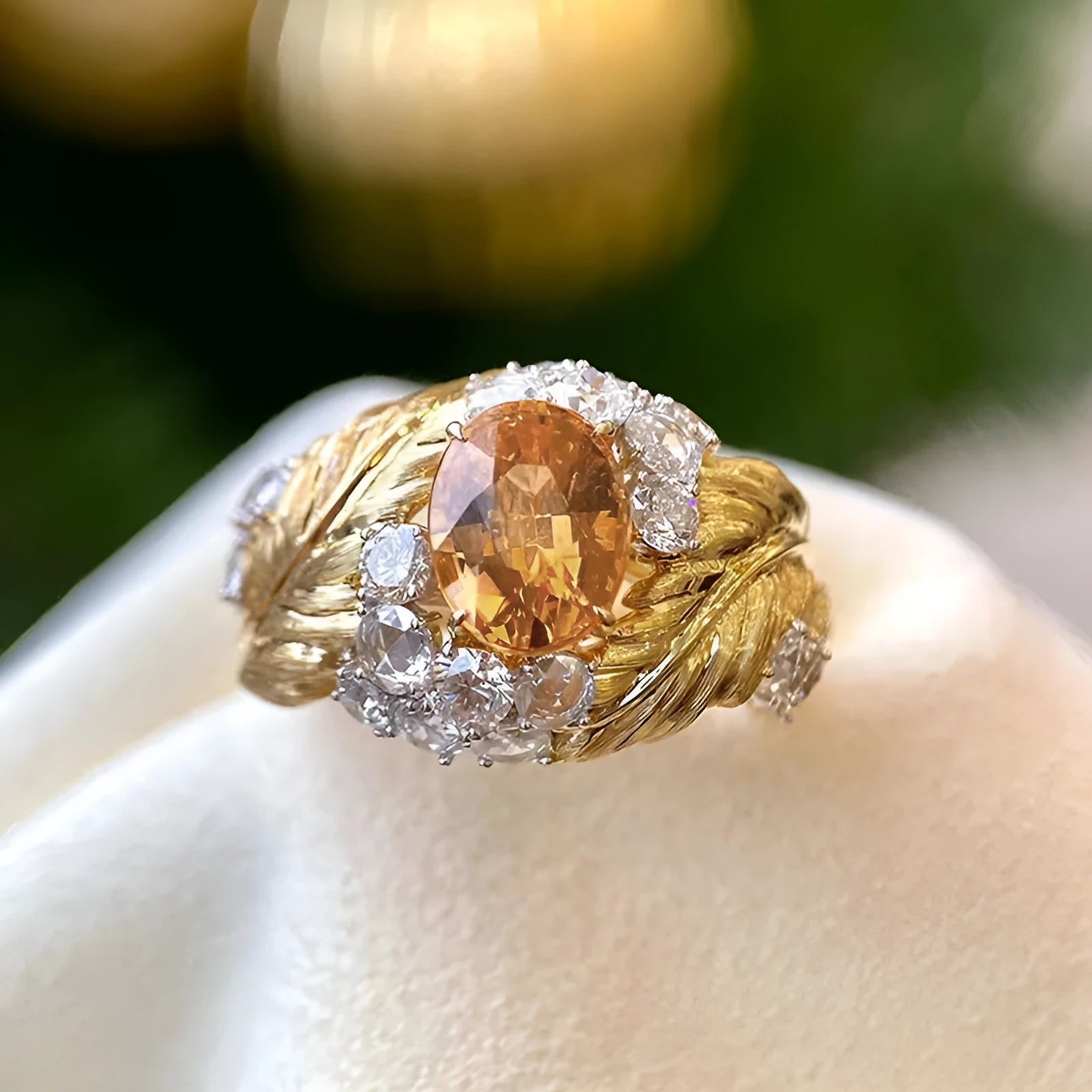 Gold-coloured embossed feather ring with geometric pattern and yellow zircon stone