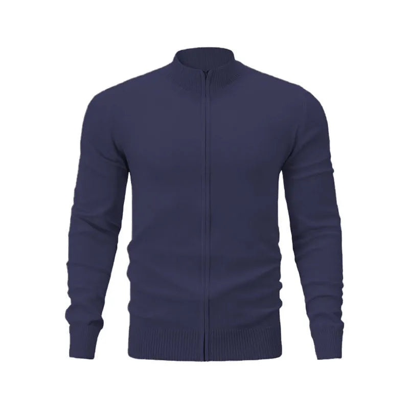 Man wearing a zip-front cotton cardigan in a solid colour, showcasing the stand collar and loose fit.