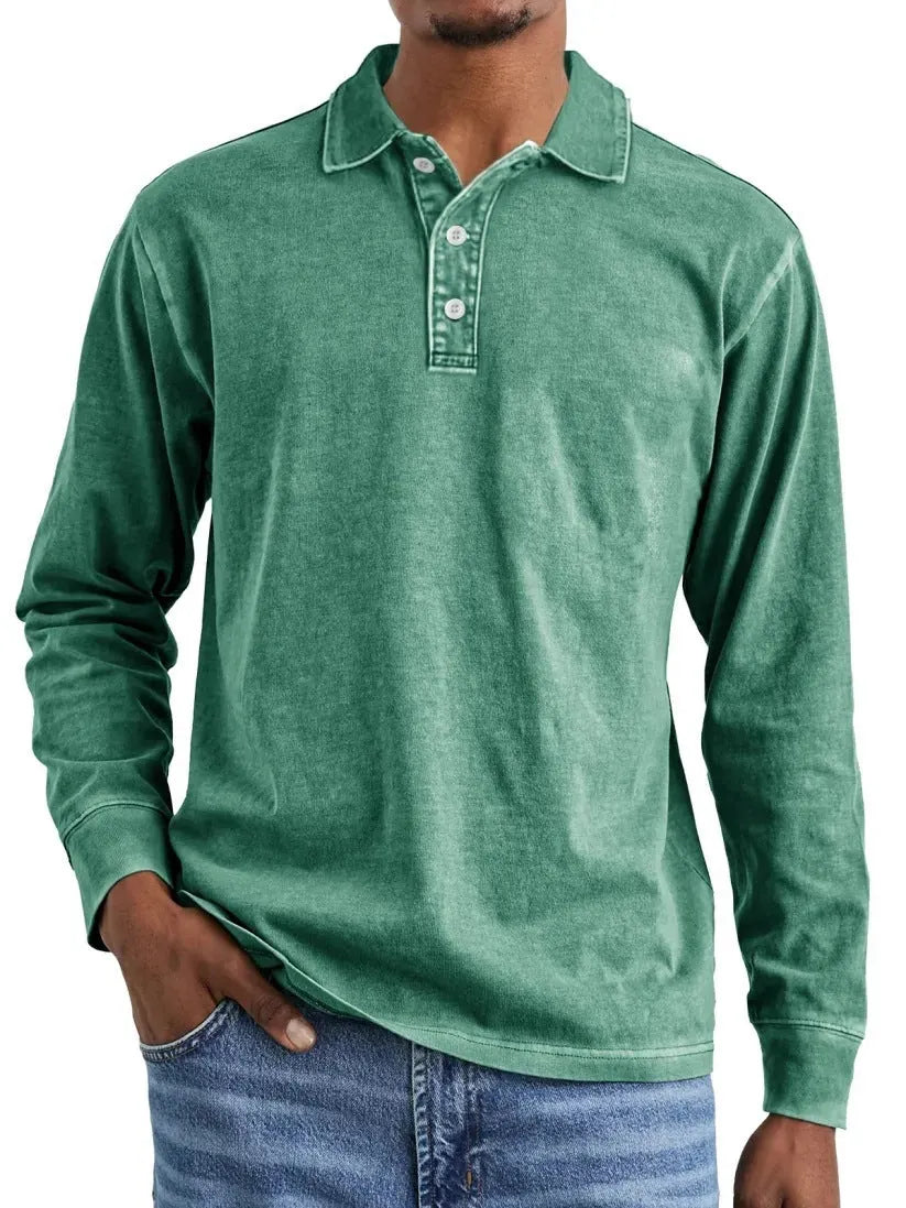 Retro washed distressed pure cotton lapel long sleeve polo shirt shown in Army Green.
