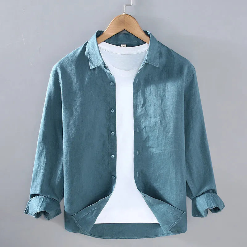 Men's pure linen shirt in cardigan style, shown in a solid earthy colour with long sleeves.