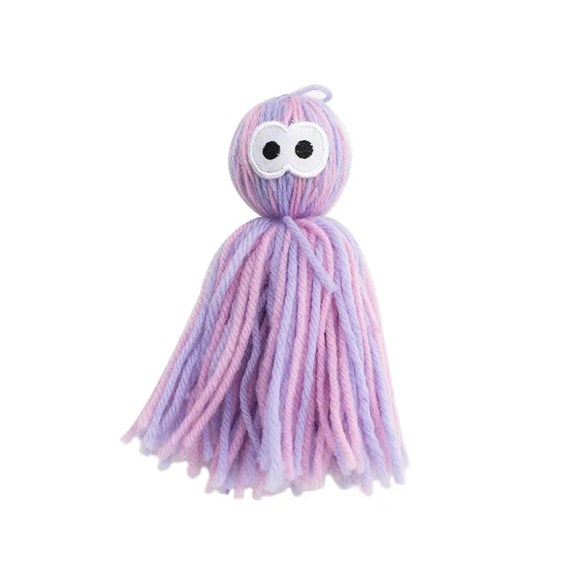 Hanging wool ball cat toy with teaser stick accessory in blue gray, pink blue, or pink purple colours