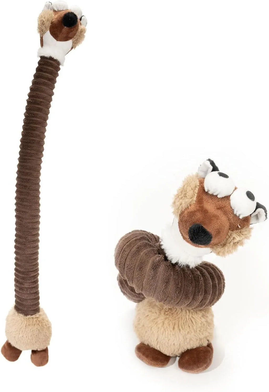 Brown, grey, and yellow plush stuffed dog toys with a squeaker and foldable design
