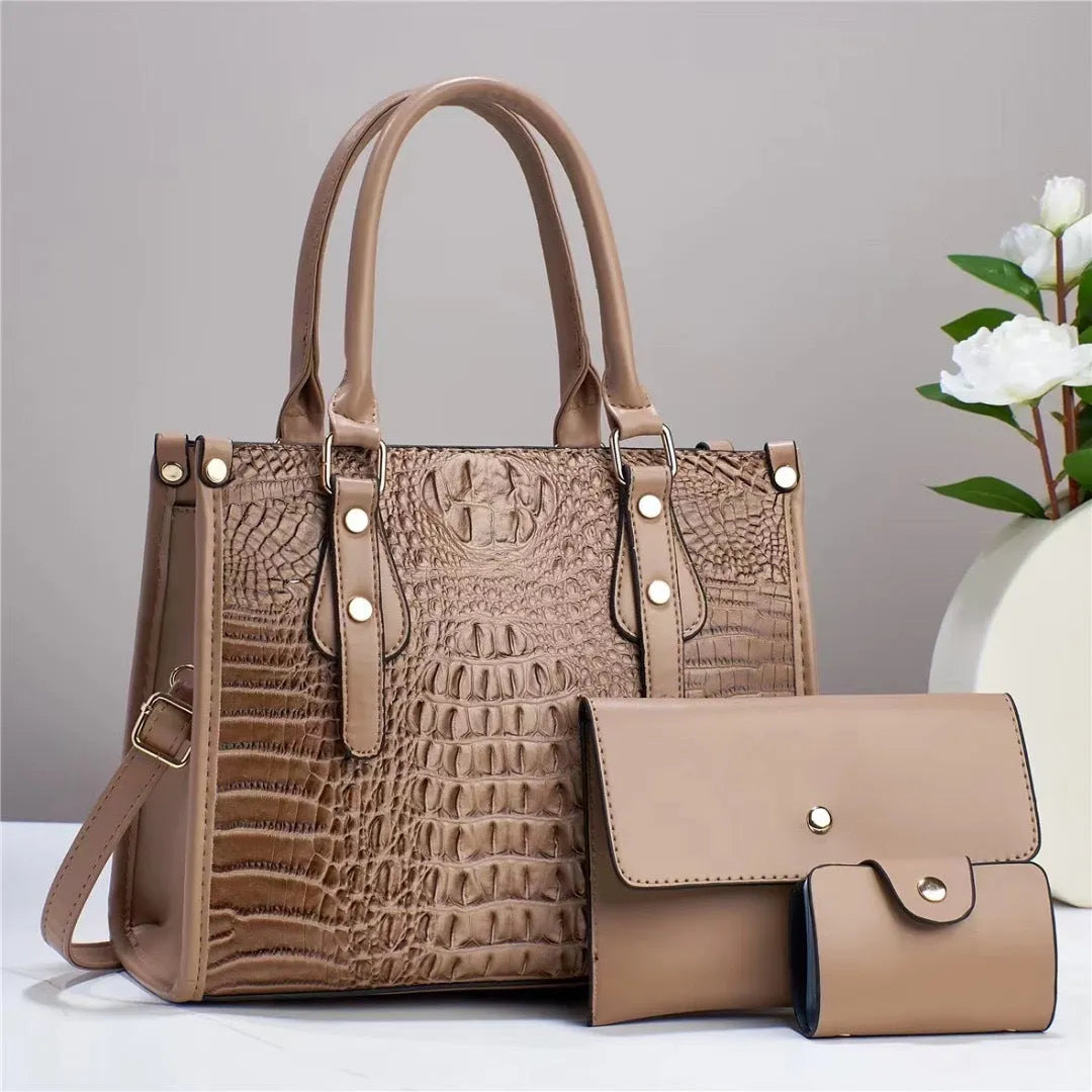 PU leather three-piece crossbody bag set with wallet and card holder in bucket shape