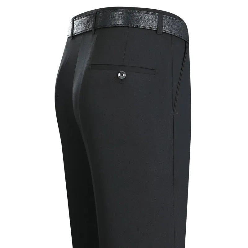 Men's straight-leg mulberry silk blend dress trousers in black on a hanger