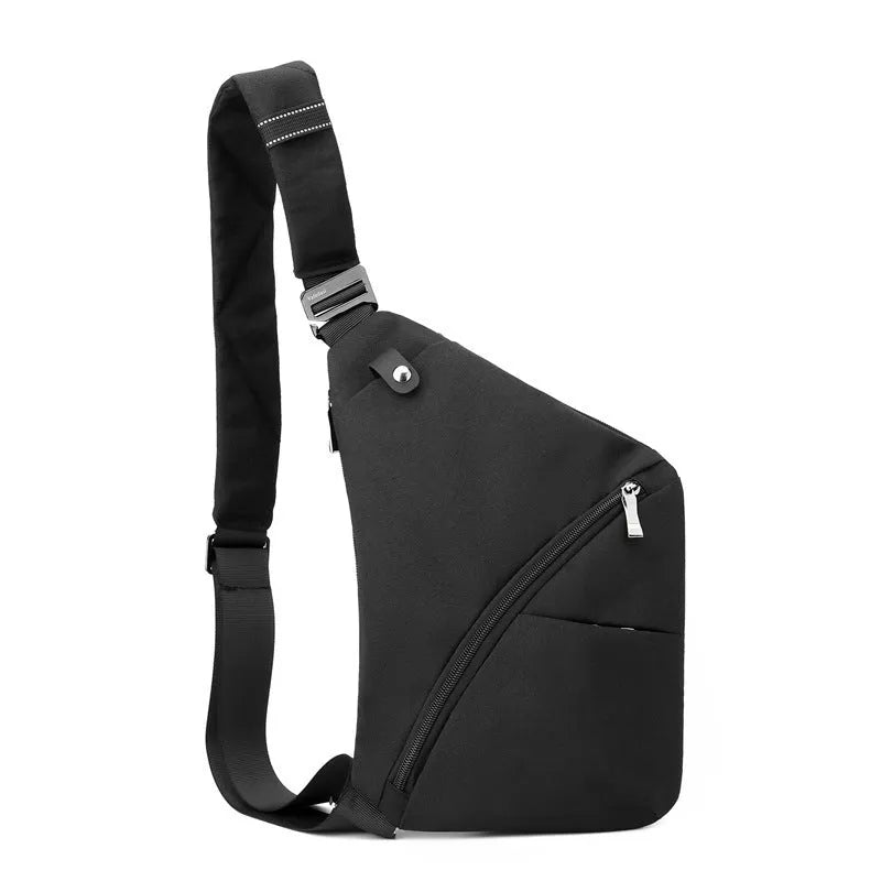 Men's Oxford cloth chest bag in black colour worn on left shoulder