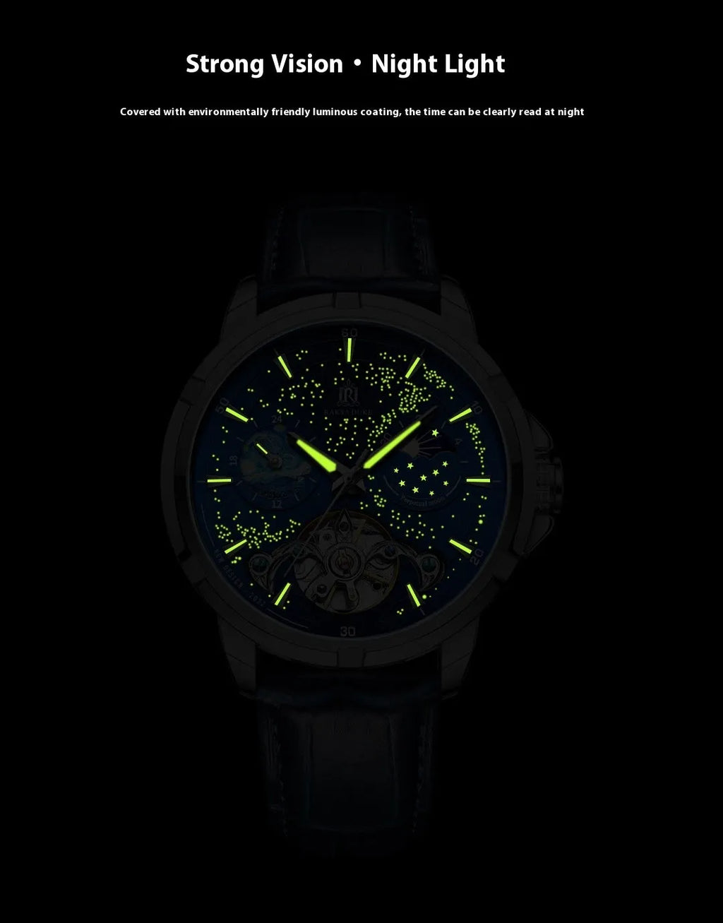 Men's blue dial automatic mechanical watch with stainless steel case showing transparent back revealing movement