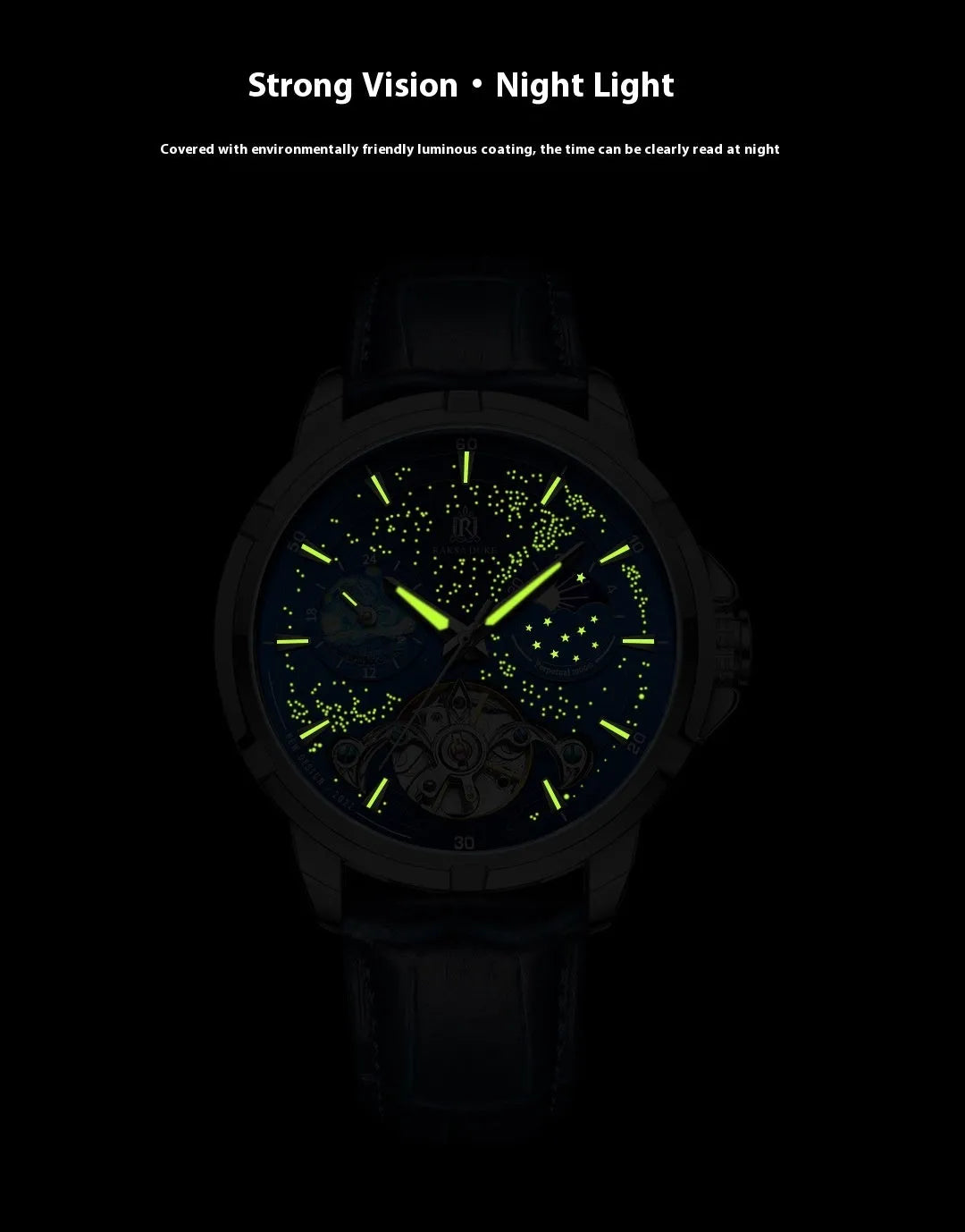 Men's blue dial automatic mechanical watch with stainless steel case showing transparent back revealing movement