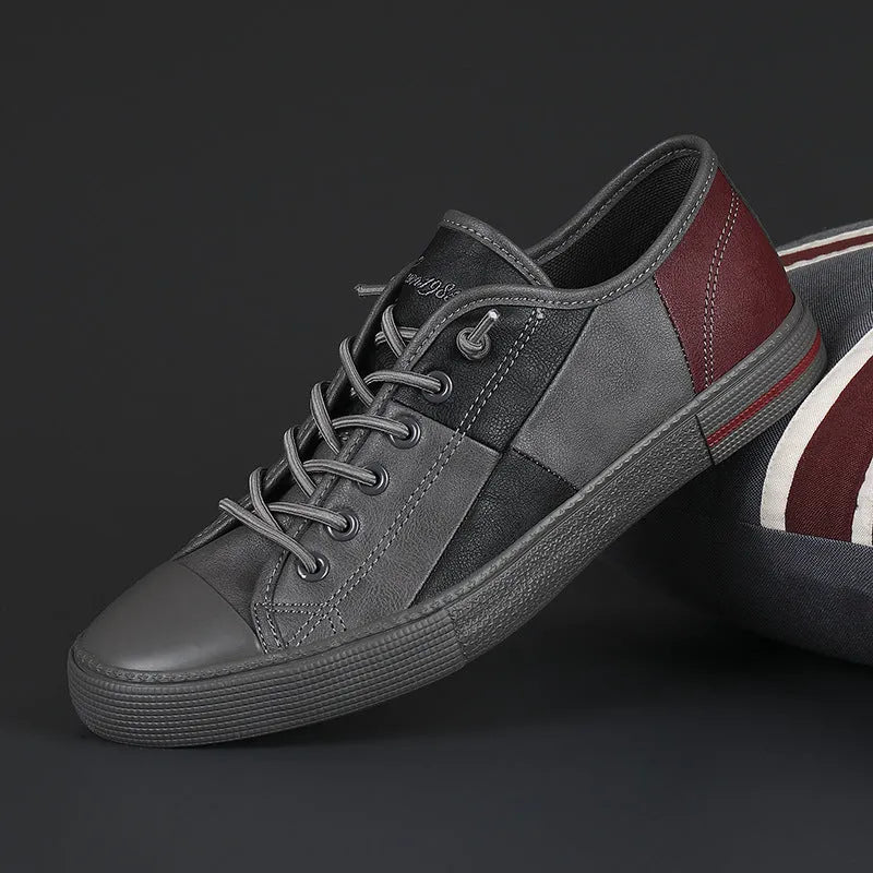 Men's colour-contrast leather shoes with microfiber upper and elastic band design in black and white combination