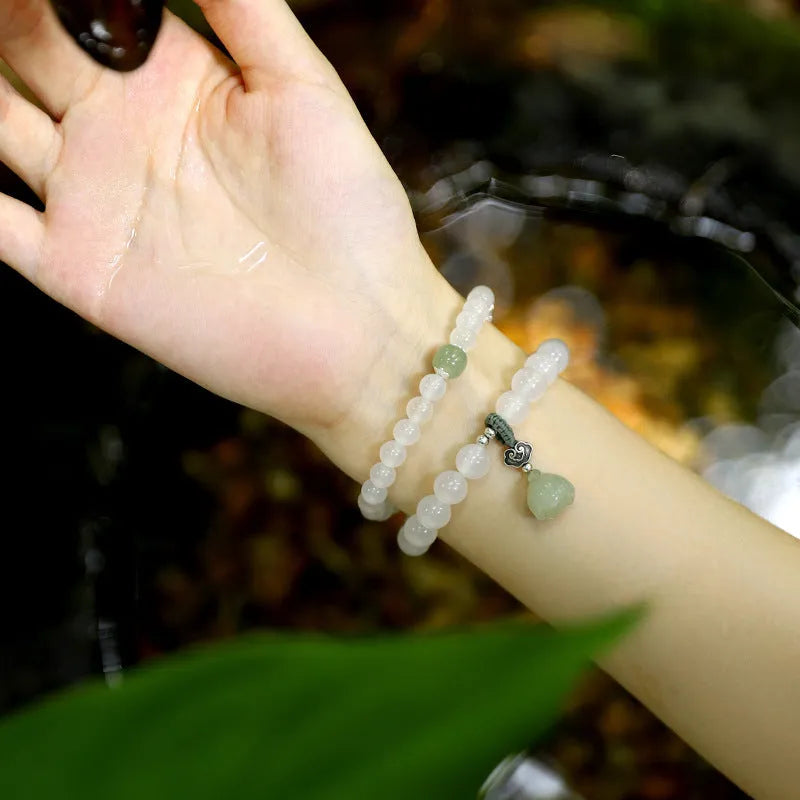 S925 sterling silver bracelet with white agate and Hetian jade beads, geometric national style design