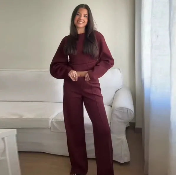 Women's black polar fleece suit set with O-neck top and wide leg trousers