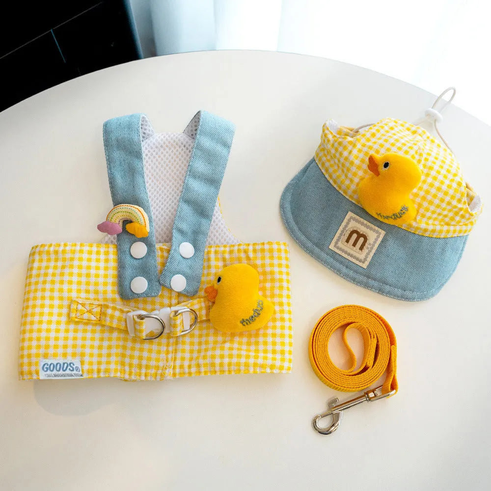 Small pet wearing a cute hat and three-piece outfit with a matching dog harness and wire rope leash set.