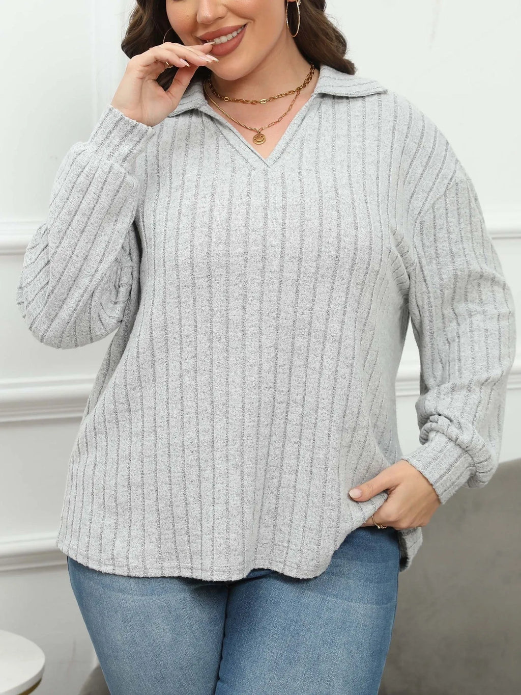 Women's plus size polo collar gothic shirt with lantern sleeves in melange gray fleece
