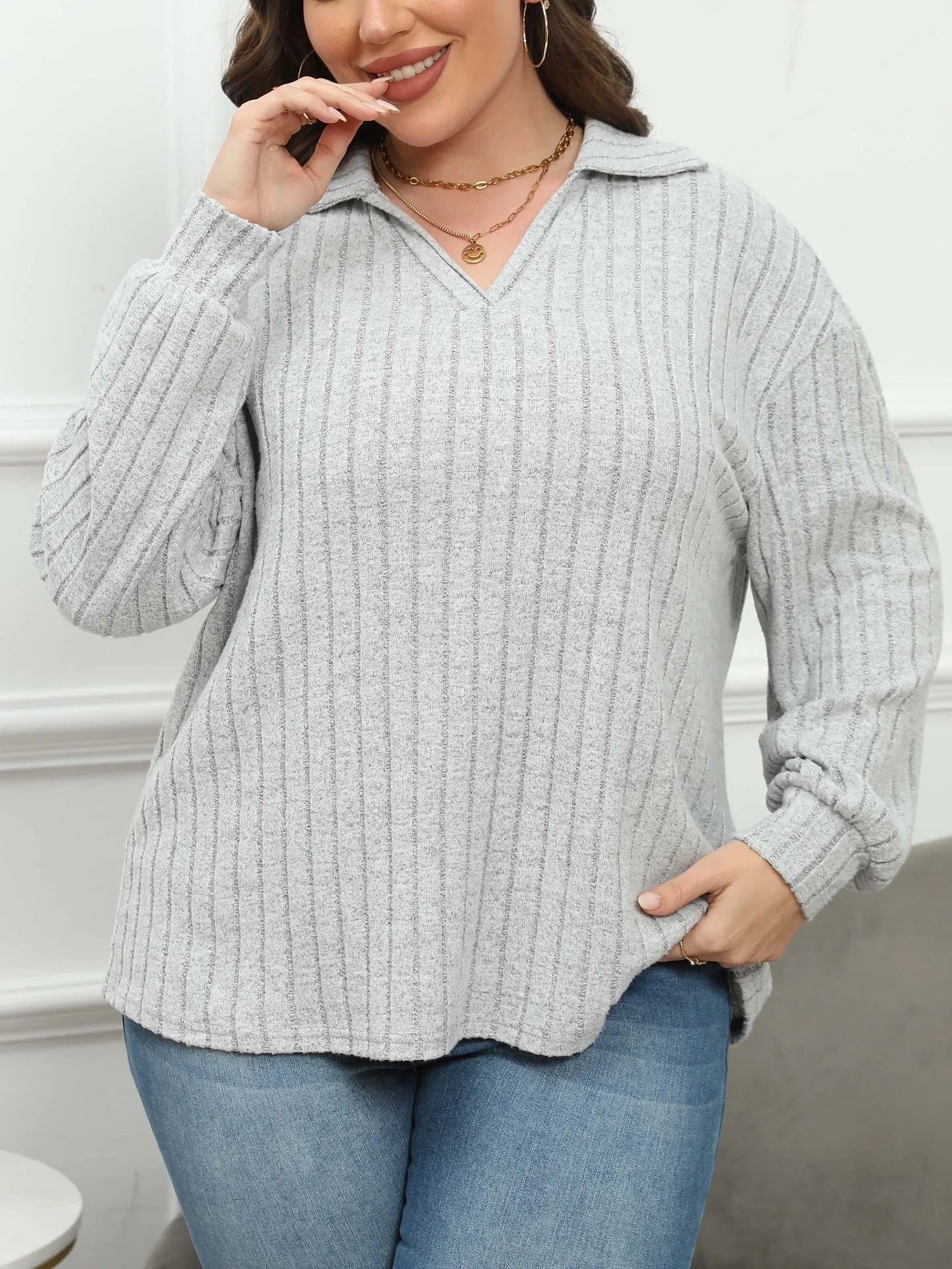 Women's plus size polo collar gothic shirt with lantern sleeves in melange gray fleece