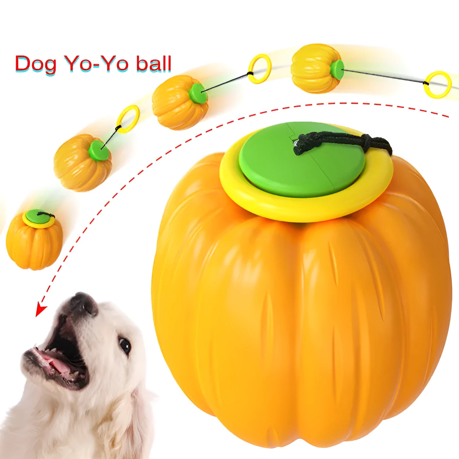 Plastic pumpkin-shaped dog ball with squeaker in green, orange and yellow for small dogs