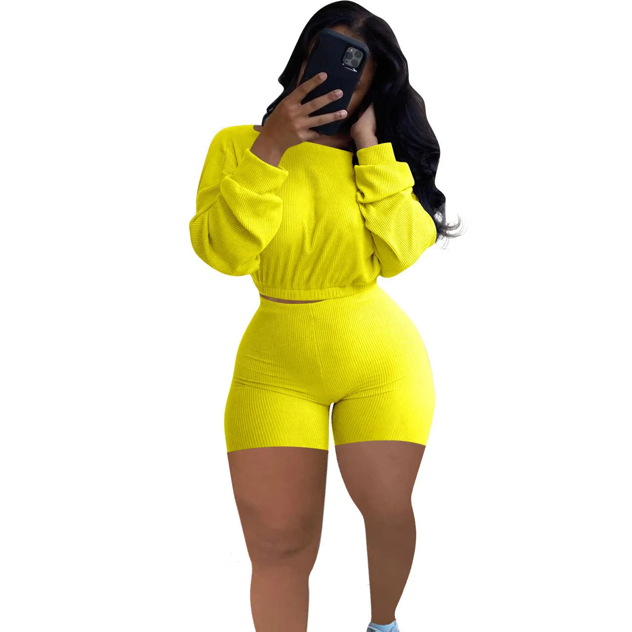 Women's sunken stripe solid colour off-the-shoulder two-piece set with long sleeves and shorts.