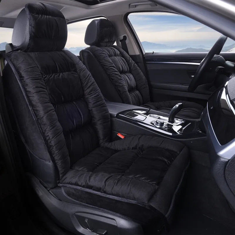 Winter plush car seat cushion showing all-inclusive design on car seat