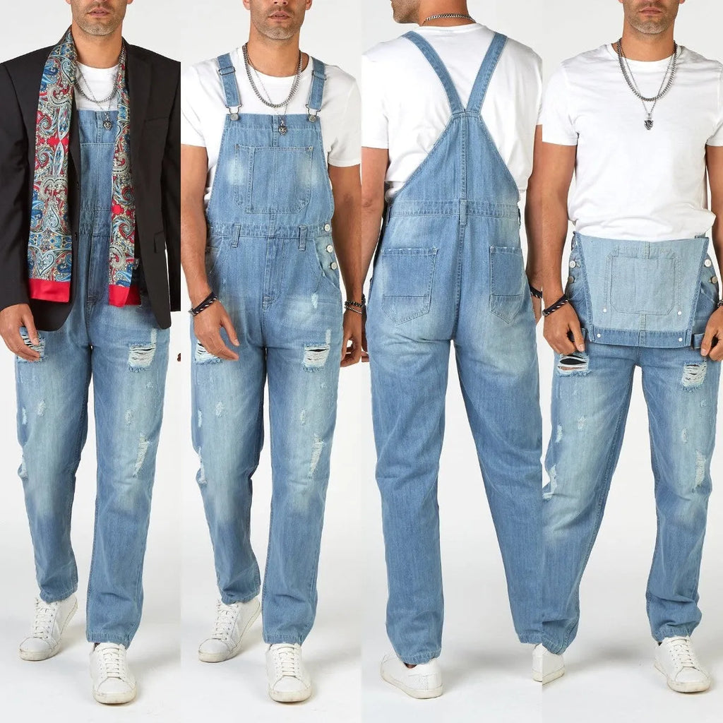 Men's light blue high-waist suspender jeans with ripped detailing and straight leg silhouette