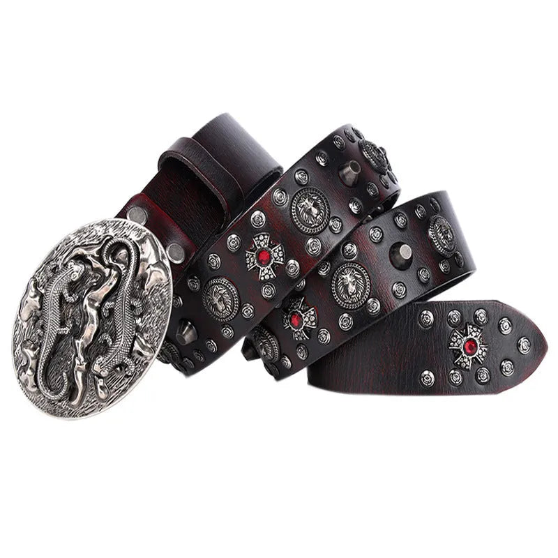 Men's black leather belt with punk-style rivets and a silver alloy buckle, laid flat showing length.