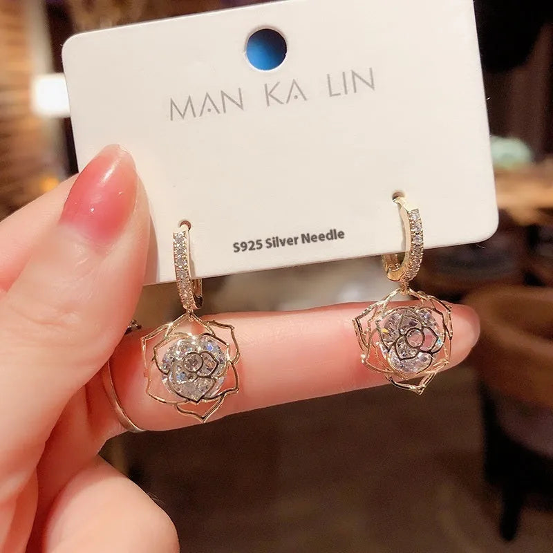 Copper geometry rose earrings with electroplated finish in various colour options