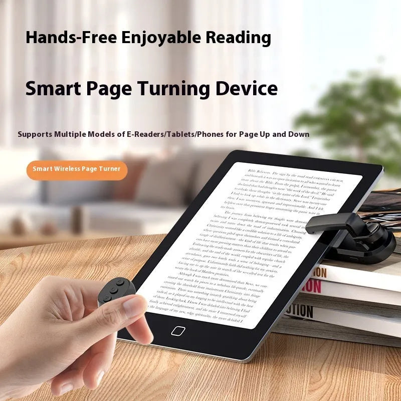 A black wireless remote and a foot pedal page turner clicker for tablets and e-readers