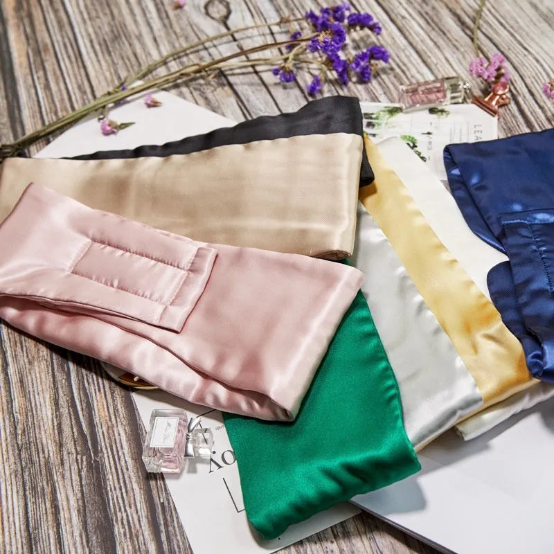 Mulberry silk sleep eye mask shown in one of seven available colours.