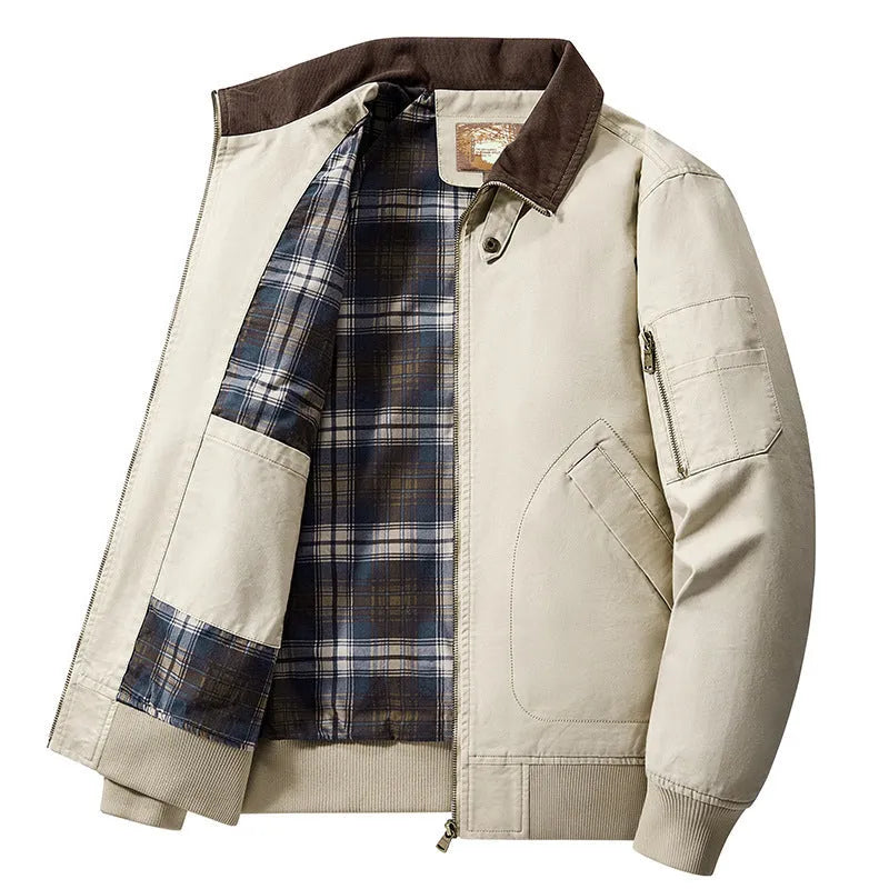 Men's plus-size washed cotton baseball flight jacket in army green, shown on a hanger.