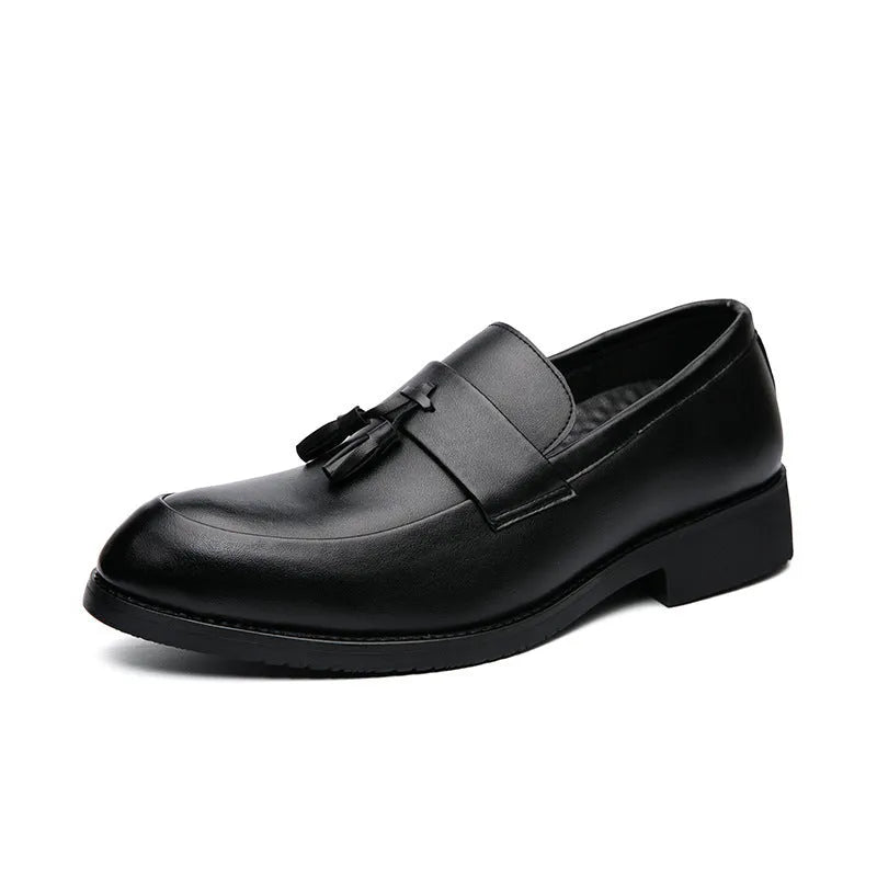 Men's black slip-on business shoes with tassel detail on artificial leather upper